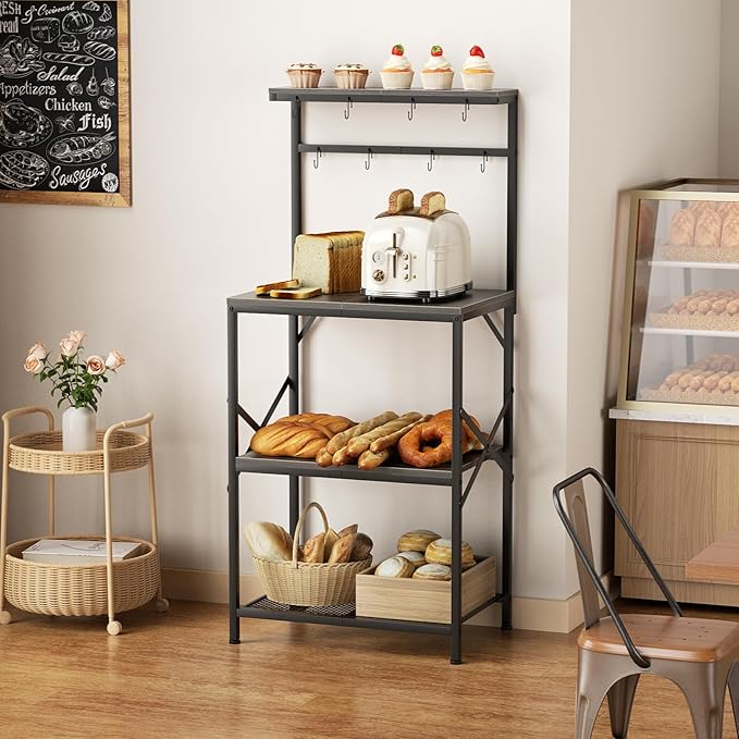 Kitchen Bakers Rack with Storage Shelves, Small Coffee Bar Cart with 8 Hooks, 4 Tiers Microwave Stand Station with Adjustable Shelves, Freestanding Kitchen Appliance Organizer, Black Oak