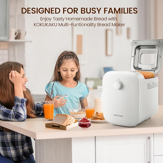 22-In-1 Compact Automatic Bread Maker Machine, 1LB/1.5LB Programmable 2 Loaf Sizes, 3 Crust Colors, Small Digital Home Bakery with Dough, Cake, Jam, Yogurt, Non-stick Pan, White