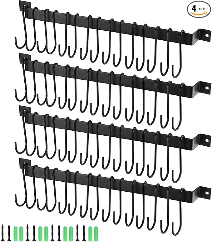 Kitchen Utensil Rack with 15 Hooks, 17 Inch Pots and Pans Hanging Rack Wall Mounted, Steel Cooking Utensil Hanger, 4 Pack