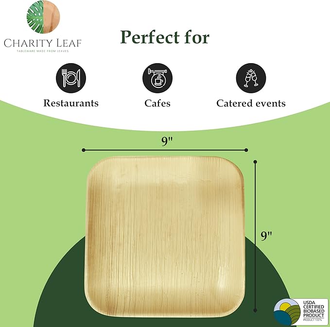 Disposable Palm Leaf 9" Square Plates (50 pieces) Bamboo Like Serving Platters, Disposable Boards, Eco-Friendly Dinnerware For Weddings, Catering, Events