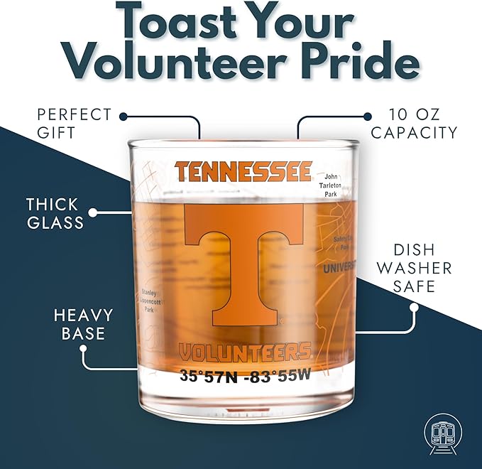 Greenline Goods – University of Tennessee Volunteers College Whiskey Glasses (Set of 2), 10 oz – Full-Color Logo + Campus Map