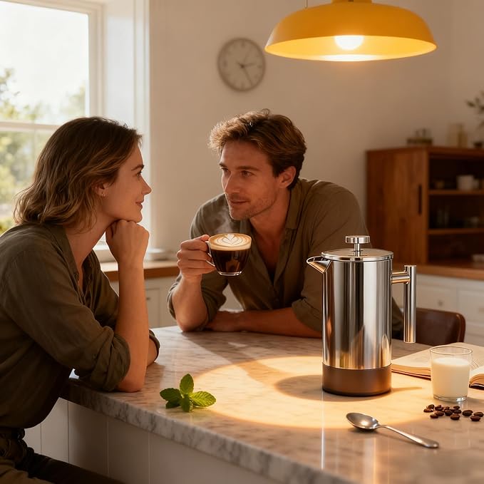 French filter coffee machine 34 ounces, double insulated, easy to clean, durable, Camping coffee makers, Brew Coffee On Stovetop，suitable for home and camping, silver.