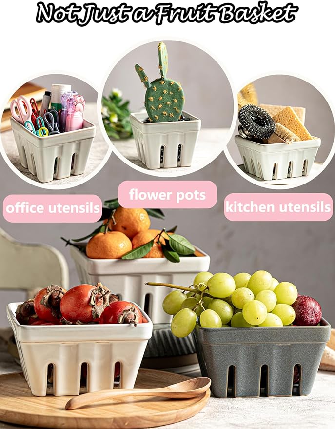 Gomakren Fruit Bowl with Holes, Ceramic Berry Basket Set of 2, 5.7 Inch Square Fruit Basket for Kitchen, Berry Containers Colander - Farmhouse Kitchen Decor, White