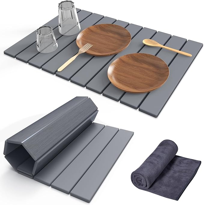 Stone Dish Drying Mat for Kitchen Counter,24"(L)×16"(W) Collapsible Fast-Drying Diatomaceous Earth Mats with Towel Sanding Tool,Versatile Stone Drying Mats for Cups Dishes Bottles