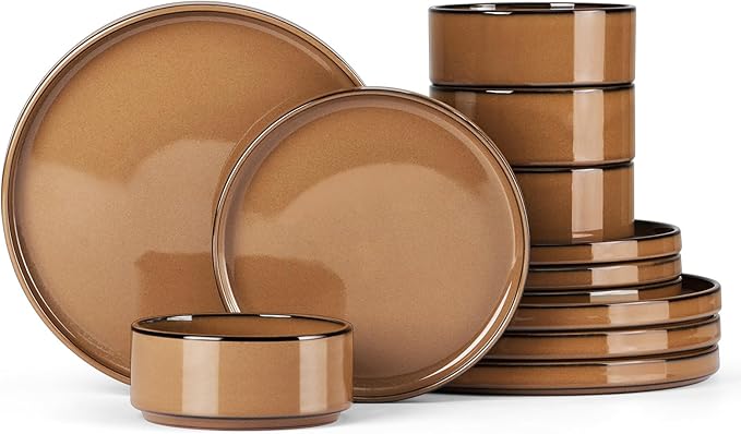 Stoneware Dinnerware Sets for 4, Onader Plates and Bowls with Unglazed Terracotta Bottom, Elegant Kitchen Ceramic Dish Dishware Set, Reactive Glaze 12 Piece - Earthy Umber