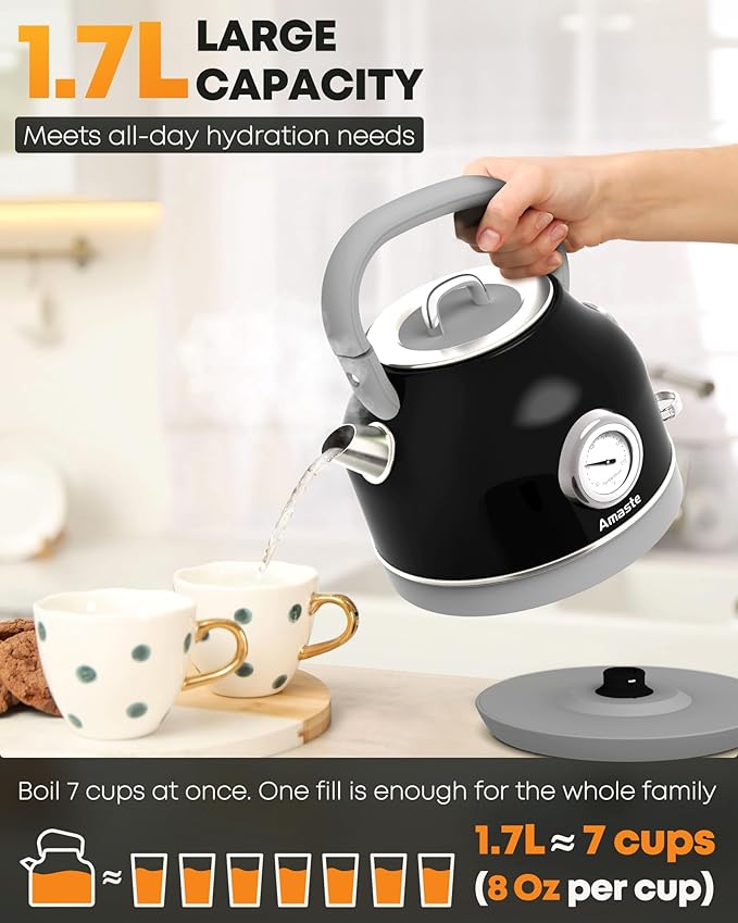 Amaste Electric Kettle, Retro Electric Tea Kettle With Thermometer, 57 Oz Hot Water Kettle For Coffee & Tea, 304 Stainless Steel, 1500w Fast Boiling, Auto Shut-Off & Boil Dry Protection, Black