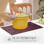 Romanstile Vinyl Placemats Set of 4-12 X 18 Inch - Heat Resistant Non-Slip Embossed Floral Place Mats 100% Waterproof Oilproof Wipeable Faux Leather Table Mats for Kitchen/Dining/Party, Burgundy