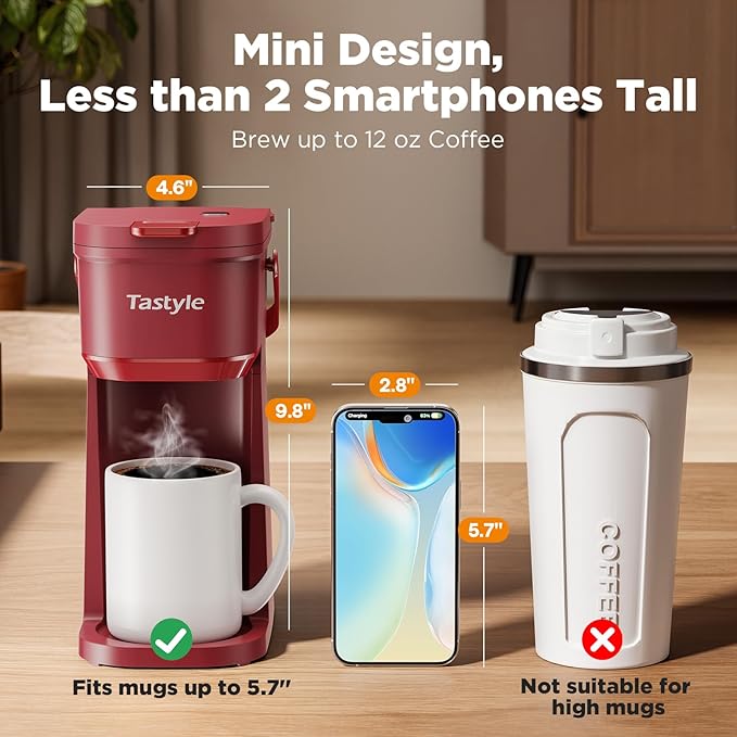 Single Serve One Cup Coffee Maker, for K Cups and Grounds, Mini Coffee Maker with Portable Handle, 6 to 12 Oz Brew Size, for Travel, Camping, Office, RV and Dorm, 120V, Vintage Red