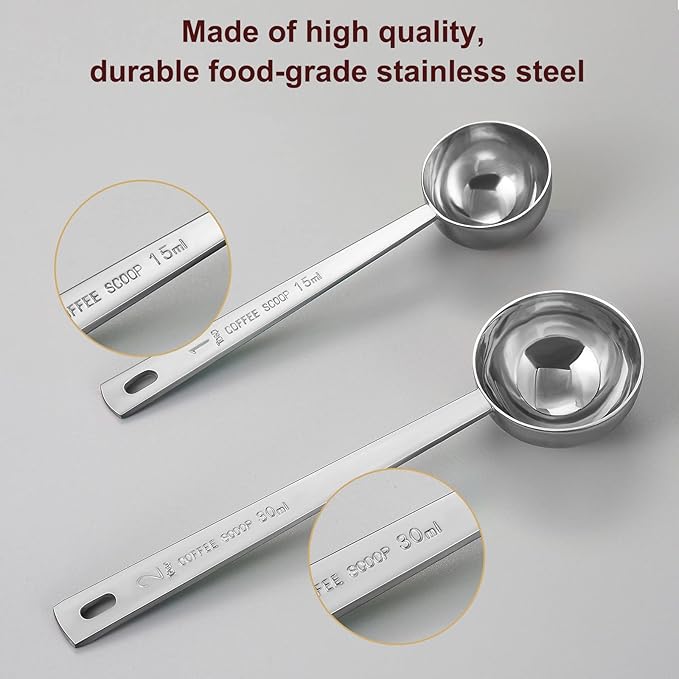 Premium Coffee Scoop Set, Set of 2, Metal Stainless Steel Long Handle Coffee Scoop, Measuring Coffee Spoons Contains 1 Tablespoon (15 ml) and 2 Tablespoons (30 ml) Spoon-Silver