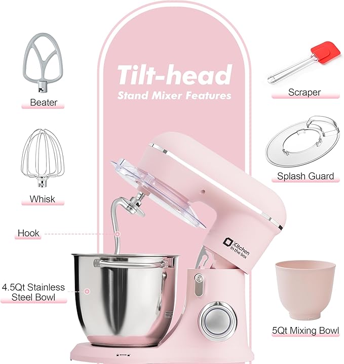 Kitchen in the box Stand Mixer, 4.5QT+5QT Two bowls Electric Food Mixer, 10 Speeds 3-IN-1 Kitchen Mixer for Daily Use with Egg Whisk,Dough Hook,Flat Beater (Rose Pink, 5QT)