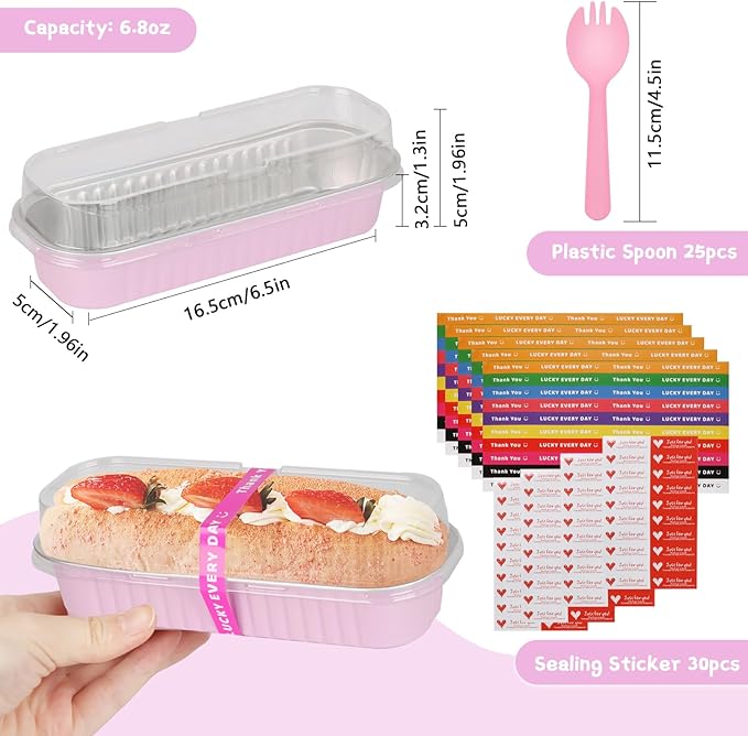 25 Pack Mini Loaf Pans Mini Cake Pans with Lids and Spoons Sealing Sticker, 6.8oz Rectangle Aluminum Foil Baking Pans Disposable Loaf Cake Pan for Baking (Pink)