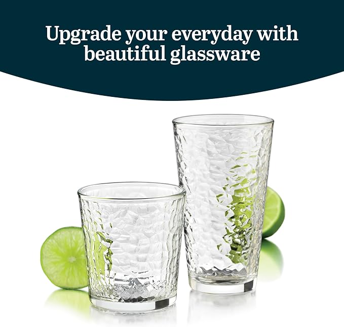 Libbey Yucatan Tumbler and Rock Glasses Drinking Set, Textured Drinking Glasses Set of 16, All Purpose Glass Cups Set for Events and Everyday Use