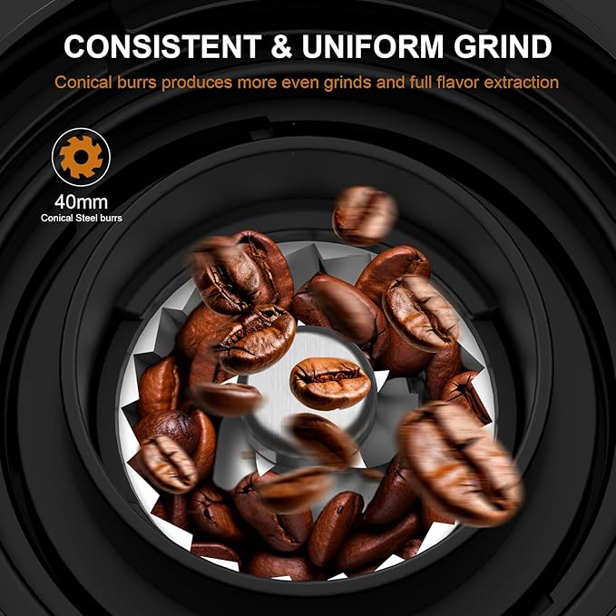 Conical Burr Coffee Grinder, Electric Coffee Bean Grinder with 25 Precise Grind Settings for Espresso/Drip/French Press, Smart Touch Control, Anti-static, Black