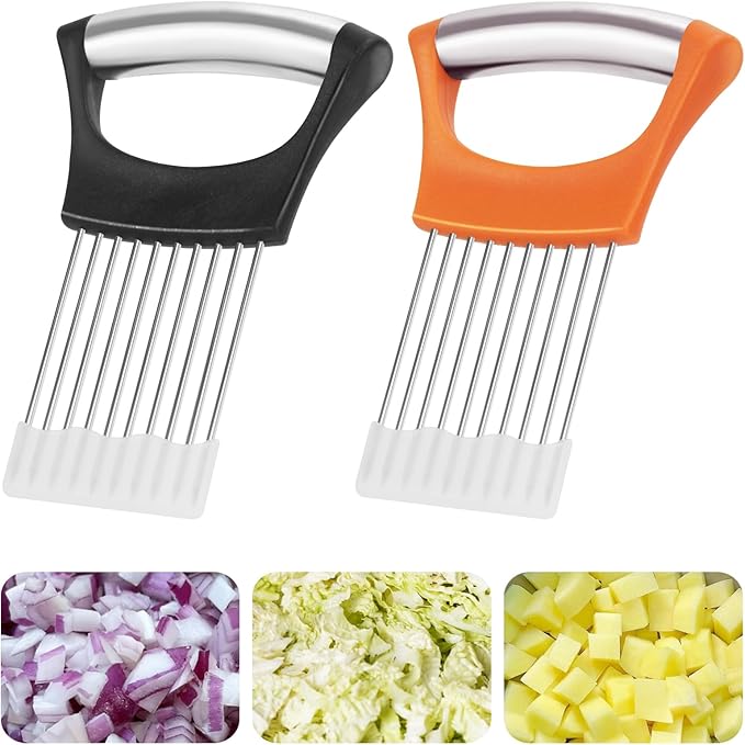 2PCs Stainless Steel Onion Slicer Holder, Onion Cutter Holder for Slicing of Onions,Tomatoes,Avocados,Eggs and Other Vegetables,KItchen Utensils (Orange & Black)