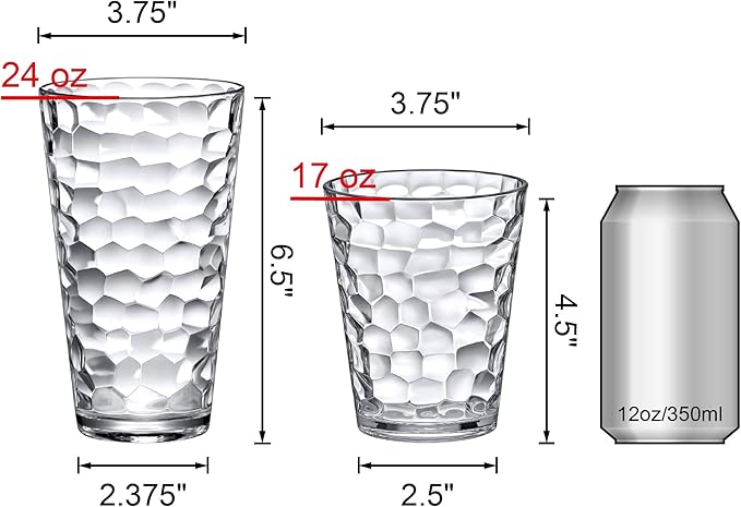 Amazing Abby Iceberg 16-Ounce and 24-Ounce Tumblers (Set of 12), Clear Drinking Glasses, Reusable Plastic Cups, Stackable, BPA-Free, Shatter-Proof, Dishwasher-Safe