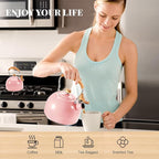 GGC Tea Kettle for Stove Top, 85OZ/2.6QT Whistling Tea Kettles for Boiling Water Milik or Coffee, Pink Stainless Steel Tea Pots with Wood Pattern Folding Handle, Thumb Design Control Kettle Outlet