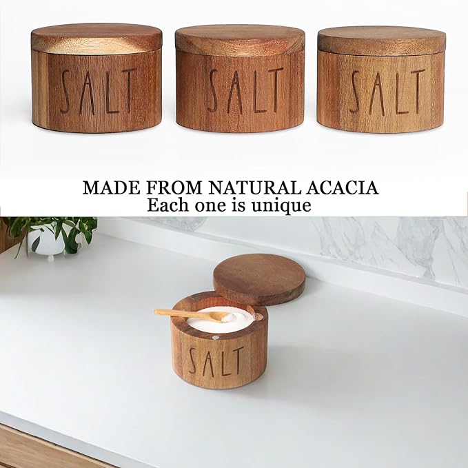 Acacia Wood Spice Box with Swivel Lid and Built-in Spoon for Kitchen Countertop, Farmhouse Kitchen Decoror for Storing Salt, Peppers, Sugar or Seasonings (Labeled “SALT”)