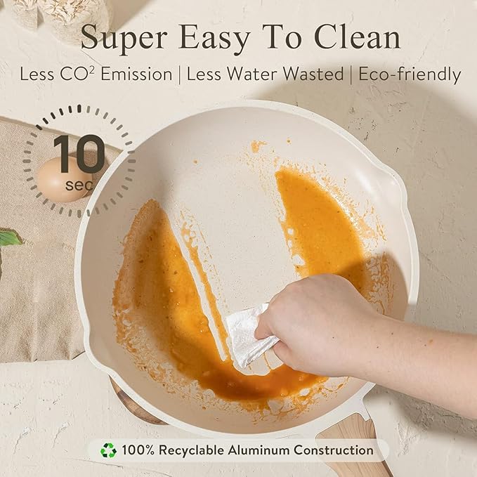 CAROTE 10Inch Nonstick Deep Frying Pan with Lid, 4.5Qt Jumbo Cooker Saute Pan with Pour Spout, Skillet Induction Cookware, Non Stick Cooking Pan Kitchen Pan PFOA Free, White Granite