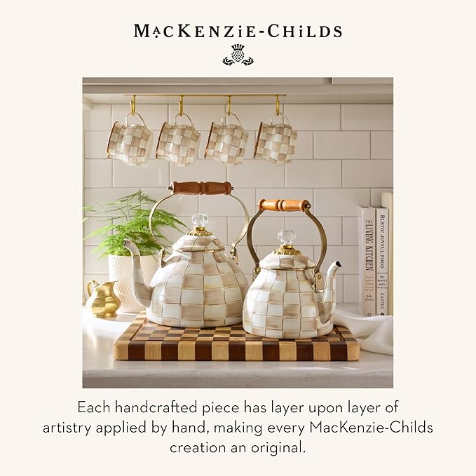 MACKENZIE-CHILDS Enamel Tea Kettle, Stylish Tea Kettle for Stovetop, Brown-and-White Mocha Check, 3 Quarts