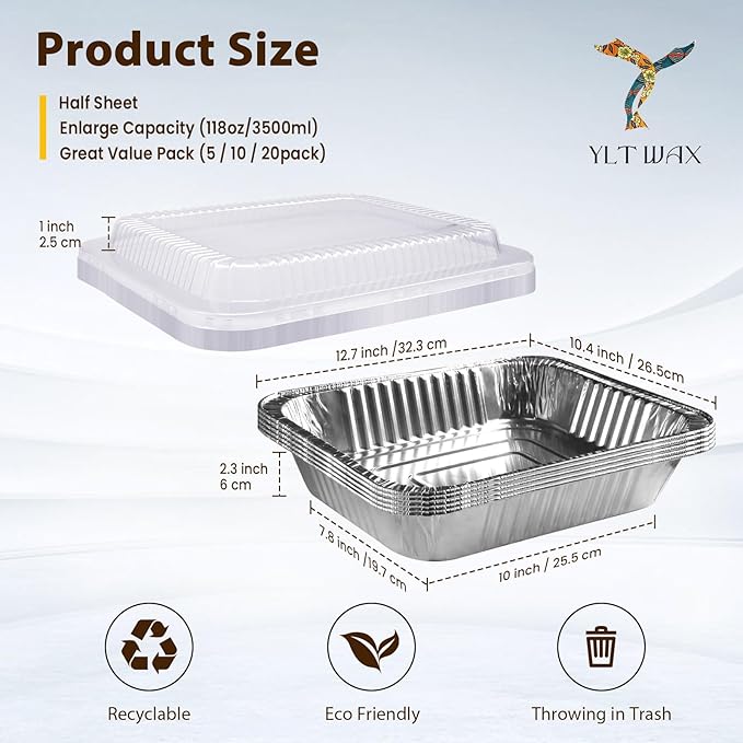 YLT WAX 9x13 Disposable Aluminum Foil Pans with Clear Lids (10 Pack), Durable Half Size Deep Extra Heavy Duty Food Containers for Baking, Cooking, Roasting, Heating or Steam Table
