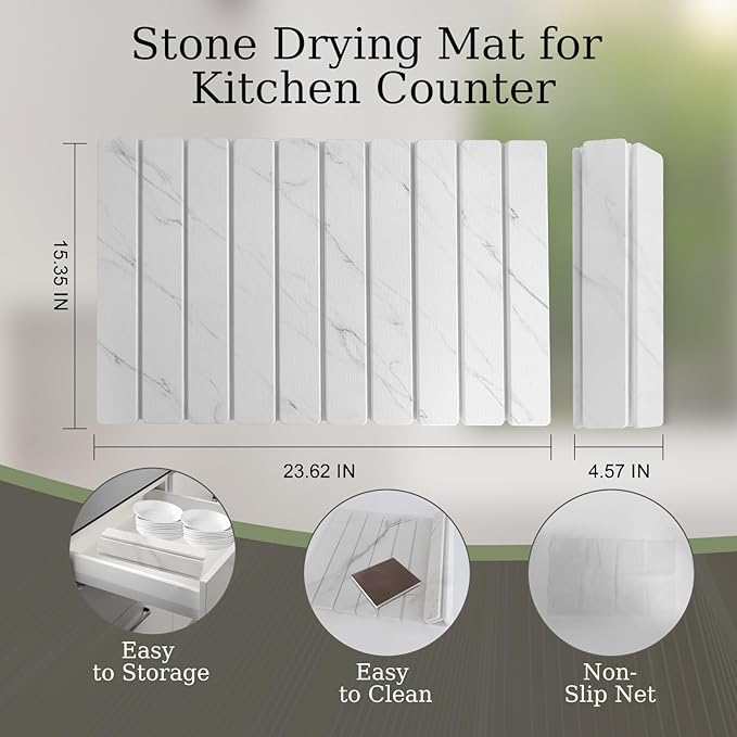 Hopegiver Stone Drying Mat for Kitchen Counter, 23.62"x15.35" Marble-Pattern Quick Dry Dish Mat, Elegant Absorbent Diatomaceous Earth Mat for Dishes Countertop Sink Bathroom, Includes Sanding Block
