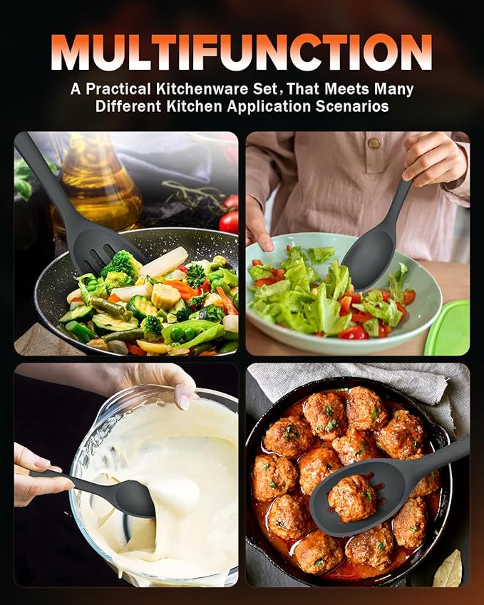 Silicone Cooking Spoons, Great for Scooping Sides and Serving Hearty Stews, BPA-Free Matte Silicone, Wooden Handle Serving Spoon for Nonstick Cooking Surfaces (Grey)