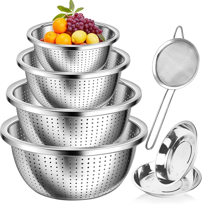 4+3 Stainless Steel Colander Set, 4 Sizes (1.8 qt, 2.3 qt, 3 qt, 4 qt) with 1 Mesh Strainer + 2 10-inch Stainless Steel Round Plates, for Washing Rice, Fruits, Vegetables, Draining Pasta, Meat