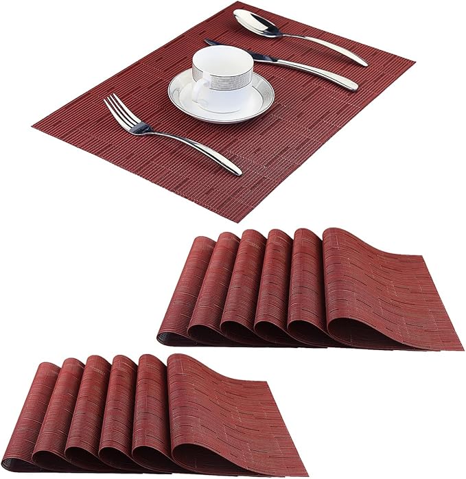 PIGCHCY Placemats Set of 12 Washable Durable Place Mats Vinyl Heat Resistant Non-Slip Table Mats Indoor Outdoor (Burgundy Red)