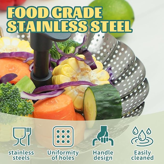 SHIKORI Steamer Basket,Stainless Steel Vegetable Steamer Basket Folding,Folding Expandable Steamers,Expandable to Fit Various Size Pot-T-Green 11 in