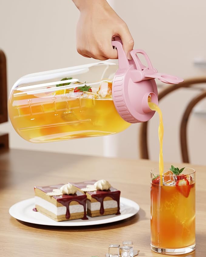 64oz Glass Mason Jar Pitcher with Lid and Spout, 2 Quart Airtight Glass Water Jug, Leakproof Wide Mouth Mason Jar Pitcher for Iced Sun Tea, Milk Storage, Cold Brew Coffee, Juice, Pink