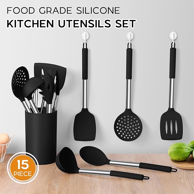 Kitchen Utensils Set, 15 Pcs Silicone Cooking Utensils Set with Holder and Heat Resistant Stainless Steel Handle for Nonstick Cookware - Black