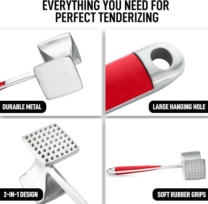 Zulay 10" Meat Tenderizer Hammer – Heavy-Duty Dual-Sided Mallet with Non-Slip Grip – Metal Meat Pounder for Tenderizing Beef, Chicken, Pork & More – Kitchen Tool for Cooking & BBQ - Red