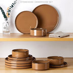 Stoneware Dinnerware Sets for 4, Onader Plates and Bowls with Unglazed Terracotta Bottom, Elegant Kitchen Ceramic Dish Dishware Set, Reactive Glaze 12 Piece - Earthy Umber