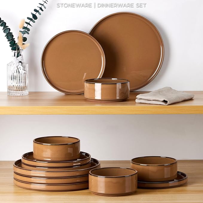 Stoneware Dinnerware Sets for 4, Onader Plates and Bowls with Unglazed Terracotta Bottom, Elegant Kitchen Ceramic Dish Dishware Set, Reactive Glaze 12 Piece - Earthy Umber