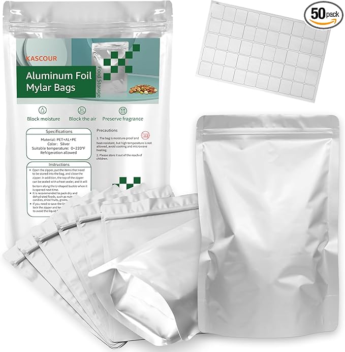 50pcs 8x12 Mylar Bags for Food Storage 2 Quart Resealable Smell Proof Foil Pouches Bags with Label sticker，Family Daily life for Food long-term Freeze Dryer Storage Coffee Cereal