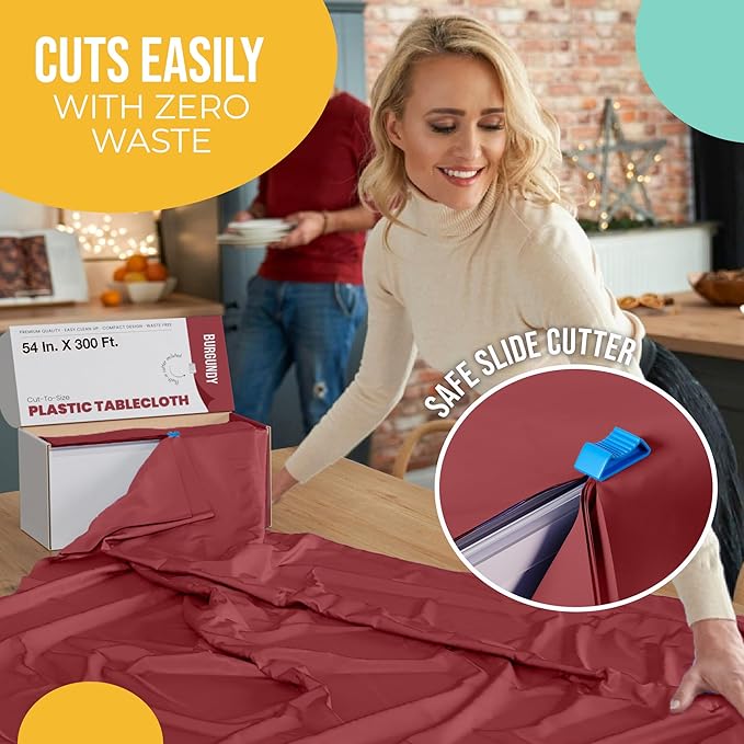 Exquisite Party Solids 54 Inch X 300 Feet Burgundy Plastic Table Cover Roll in A Cut - to - Size Box with Convenient Slide Cutter. Cuts Up to 36 Rectangle 8 Feet Plastic Disposable Tablecloths