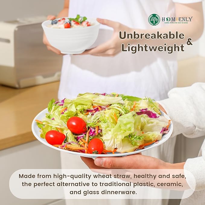Homienly 40- Pieces Wheat Straw Dinnerware Set, Service for 8, Lightweight Roud Plates and Bowls Set, Unbreakable Dishes Set- Dinner Plates, Bowls, Cups,Microwave and Dishwasher Safe(White)