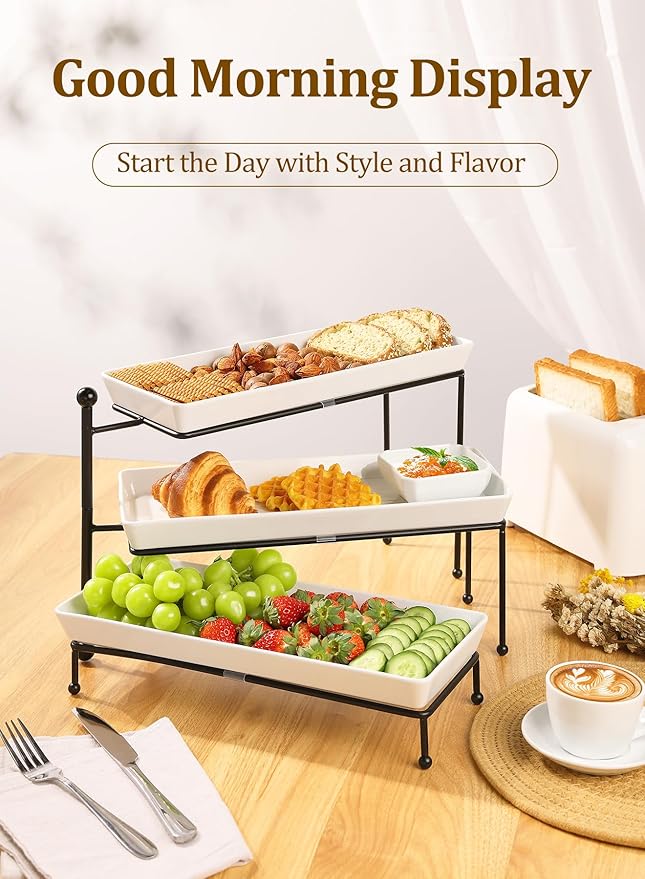 Yedio 3 Tiered Serving Stand, Foldable Rectangular Food Display Stand with White Platters - Serving Trays, Dessert Display Server for Brithday Party, Valentine's Day and Events