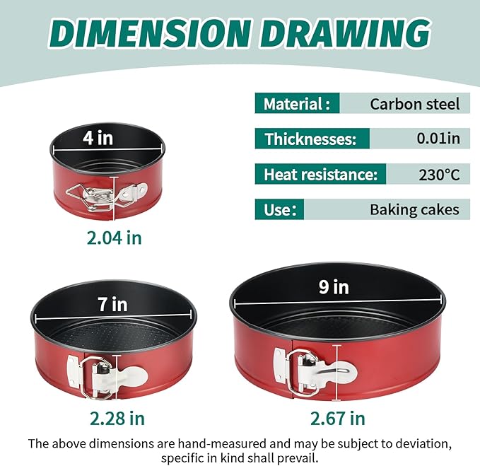 SHIKORI Springform Pan Set, Nonstick 3pcs (4-7-9 in) Springform Pans Cheesecake Pan Removable Bottom, Leakproof Round Spring Form Pans Cake Pans Sets-Red
