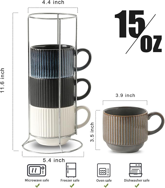 glowworm Coffee Mugs with Stand, Stackable Coffee Mugs Set of 4, Wedding Housewarming Gift, Modren Ceramic Cups for Milk, Cocoa, Microwave & Dishwasher Safe, Multicolor