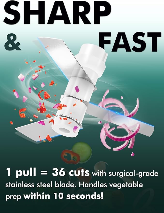 Manual Food Processor Vegetable Cutter, Geedel Pull Chopper with String, Food Chopper Vegetable Cutter for Veggies, Fruits, Salad, Onion, Ginger, Nuts, Herbs, etc, 2 Cup(500ml), Green