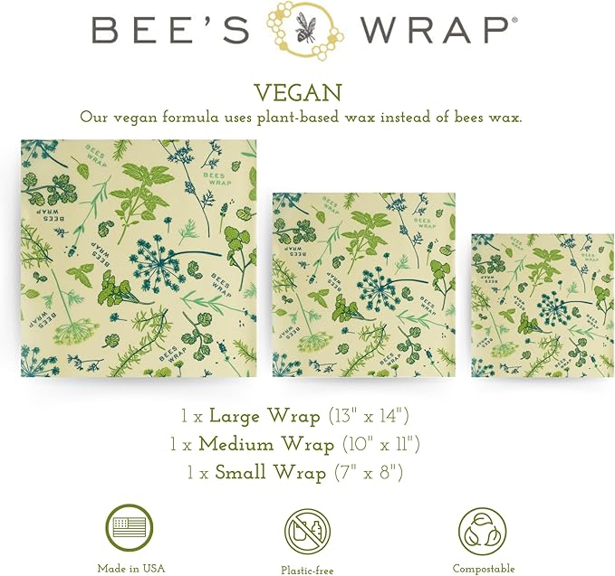 Bee's Wrap Vegan Beeswax Wraps for Food - Vegan Herb Garden 3 Pack (S, M, L) Made in USA Reusable & Organic Food Wraps, Sandwich Wrap & Bowl Covers - Eco Alternative to Aluminum Foil & Plastic Wrap