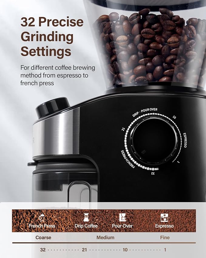 SHARDOR Burr Coffee Grinder 3.0, 32 Grind Settings for Espresso, Pour Over, Drip, and French Press, Adjustable Timer, Easy-Clean Chamber for Home Brewing