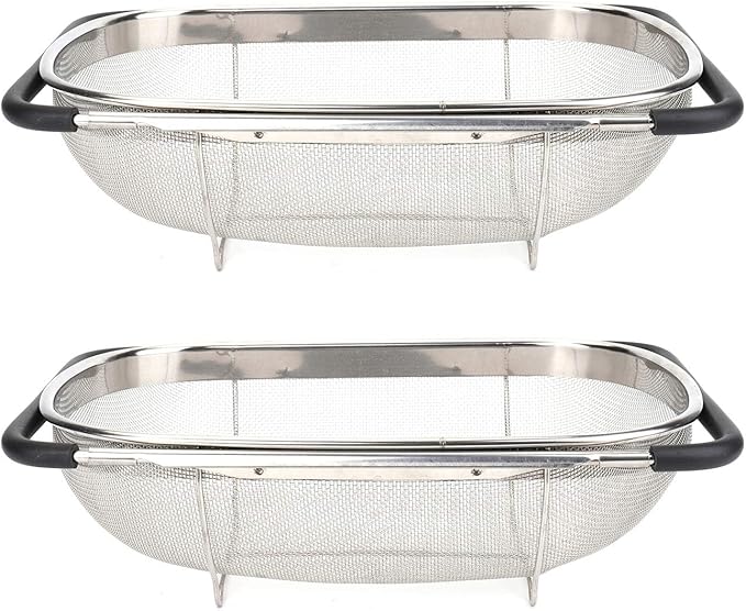 2 PackPremium Quality Over The Sink Stainless Steel Oval Colander with Fine Mesh 6 Quart Strainer Basket & Expandable Rubber Grip Handles - Strain, Drain, Rinse Fruits, Vegetables1