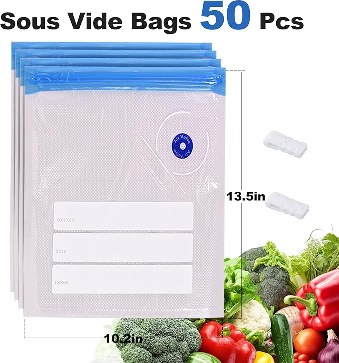 Sous Vide Bags, 50 PCS 10"X13.5" Reusable Vacuum Seal Bags for Food,Vacuum Zipper Sealer Bag with Sealing Clips,Sous Vide Cooking,Freezer Safe,Microwave Heating and Food Storage