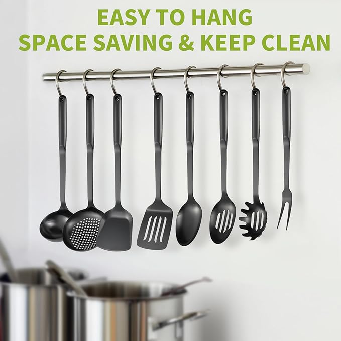 304 Stainless Steel Cooking Utensils Set, 8PCS Kitchen Utensils Set, Include Skimmer, Soup Ladle, Spaghetti Server, Wok Spatula, Slotted Spoon, Solid Spoon, Slotted Spatula Turner & Meat Fork, Black