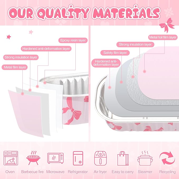 Tioncy 50 Pcs Mini Pink Bow Loaf Pans with Lids Spoons Sticker Cute Pink Bow 6.8oz Disposable Rectangle Aluminum Foil Baking Pans Muffin Cupcake Cups for Picnics Wedding Birthday Baby Shower