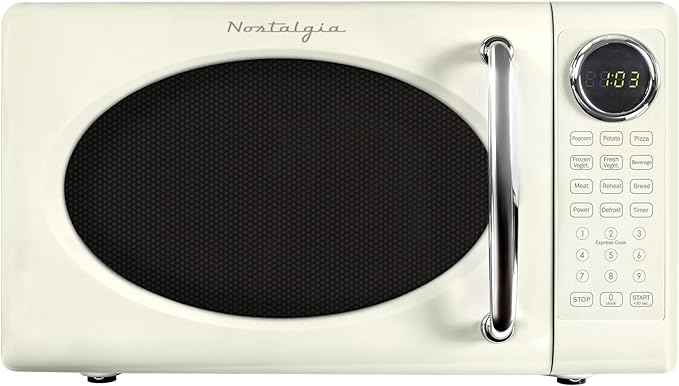 Nostalgia Retro 700W Microwave Oven 0.7 Cu Ft Capacity – Child Safety Lock, 8 Auto-Cook Settings – Countertop Kitchen Appliance – Ivory
