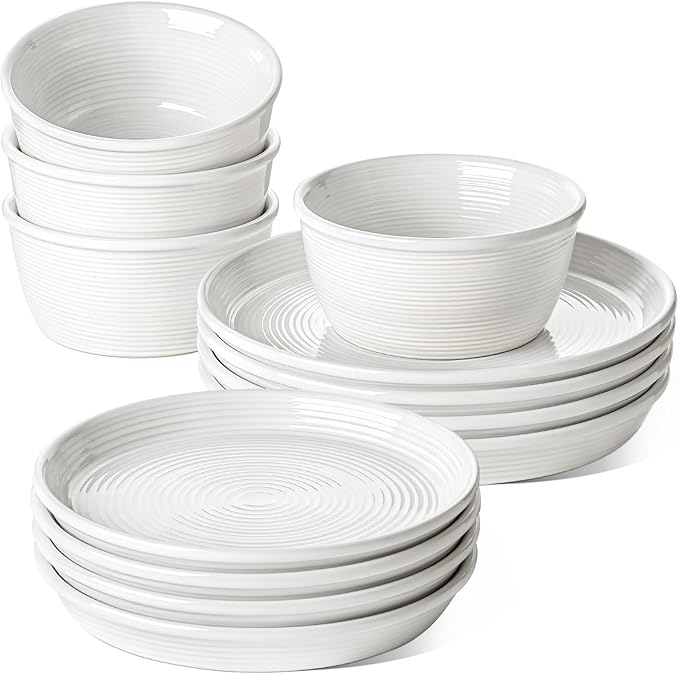 LE TAUCI Dishes Set for 4, Stoneware Plates and Bowls Set, Farmhouse Ceramic Dinnerware, Microwave & Dishwasher Safe, Stackable,12-Piece, White (10" Dinner+8" Salad Plates+6" Bowls)