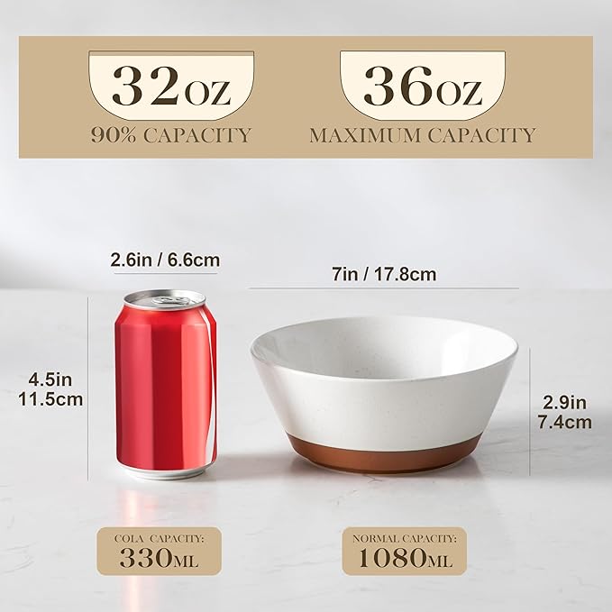 MALACASA Soup Bowls, Ceramic Salad Bowls Set of 4, 35oz Ceramic Bowls for Ramen, Cereal, Fruit and Pho, Microwave & Dishwasher Safe, Speckled Deep Bowls, Vanilla White & Brown